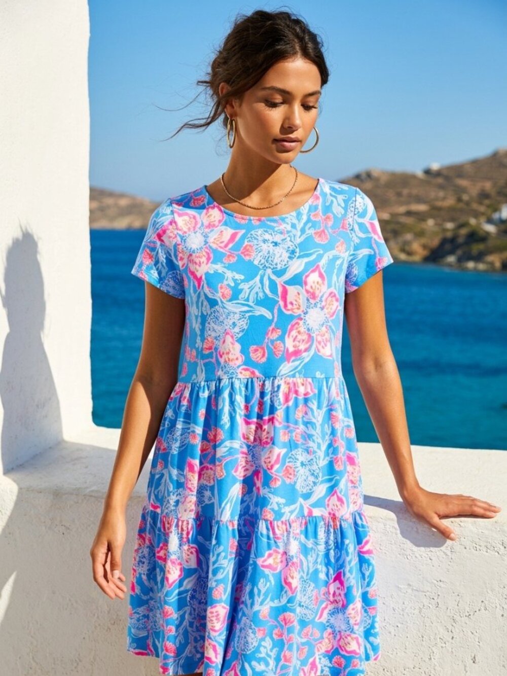 NWT Lilly Pulitzer Blue Floral Tiered Midi Dress Size Small 100% Cotton